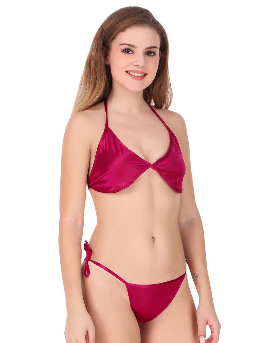 magenta tie front solid sleepwear robe set - 18346418 - Standard Image - 2