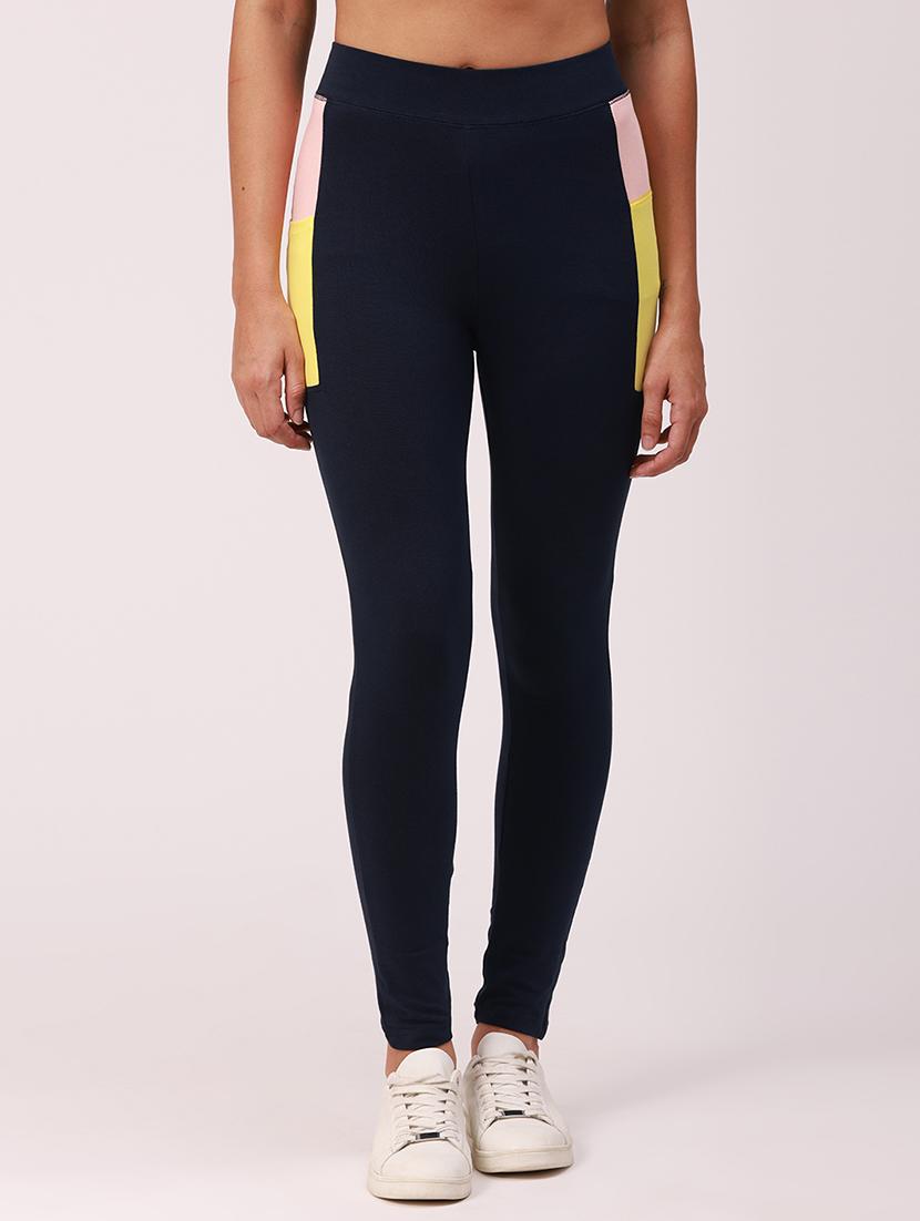 navy blue mid rise color block tight