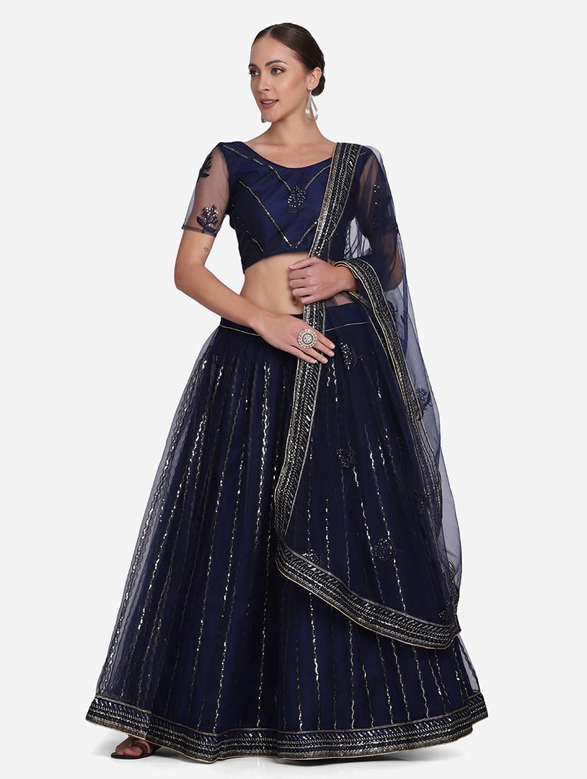 navy blue art silk flared lehenga - 18346645 -  Zoom Image - 0