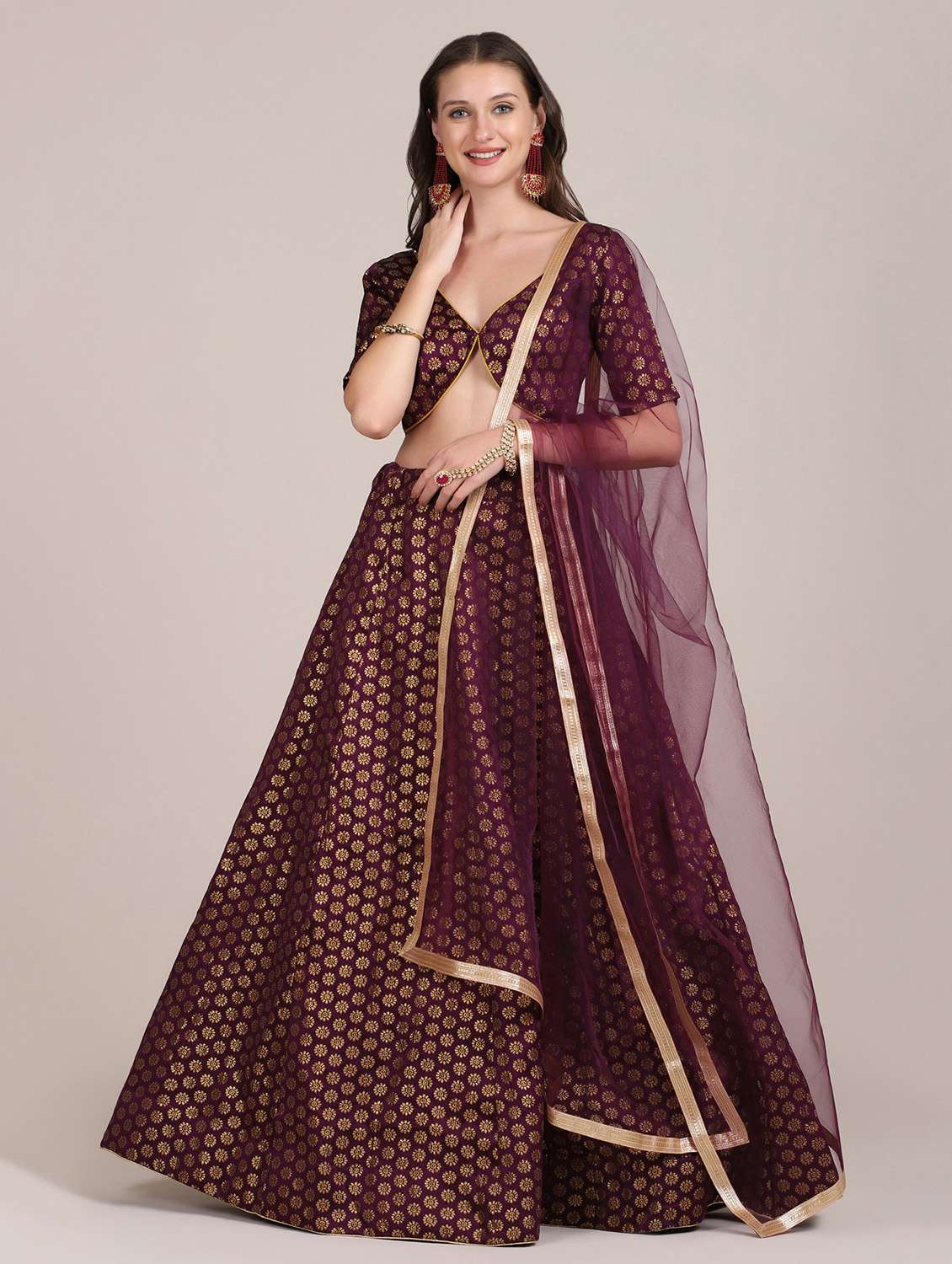 purple satin flared lehenga