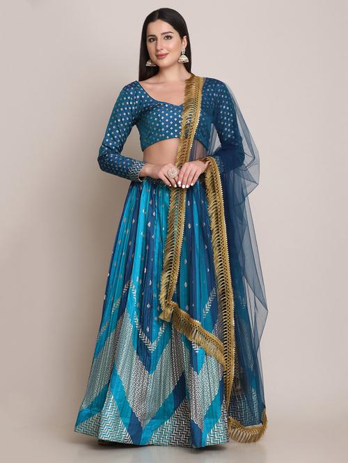 green silk flared lehenga - 18346659 - Standard Image - 0