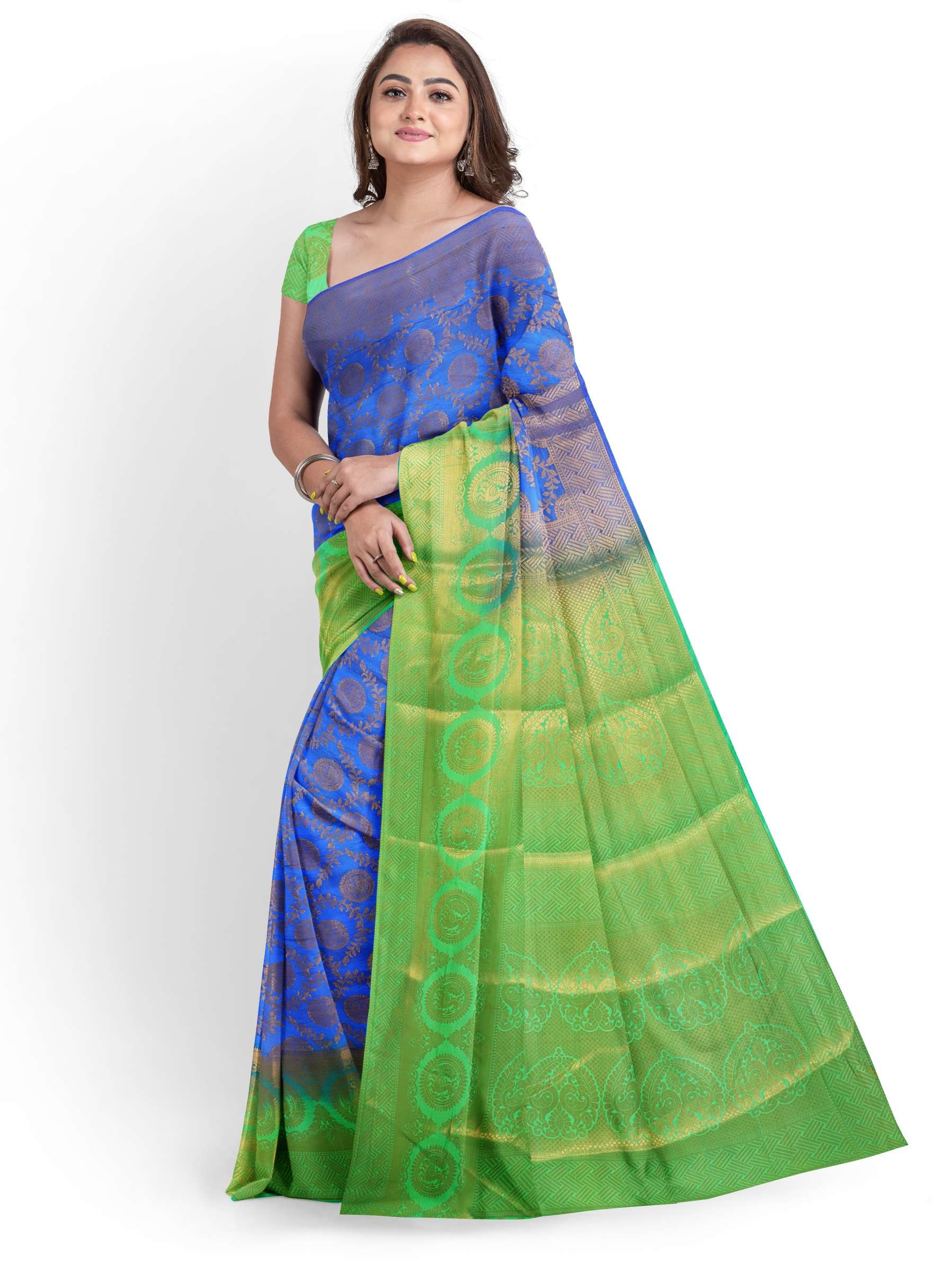 women's self design royal blue colored saree