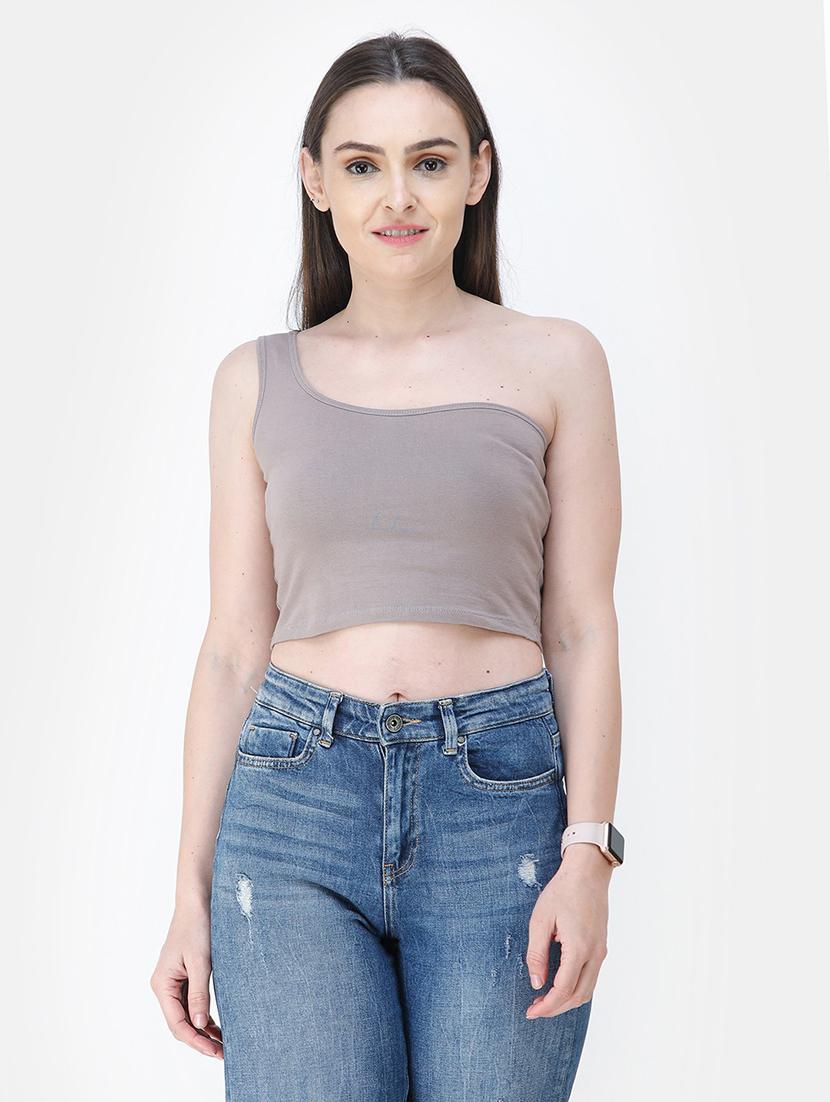single shoulder solid crop top  - 18347601 -  Zoom Image - 0