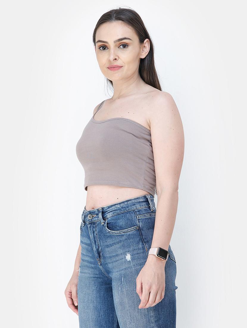single shoulder solid crop top - 18347601 - Standard Image - 2