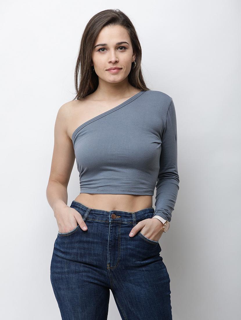 single sleeved solid crop top - 18347651 -  Zoom Image - 0