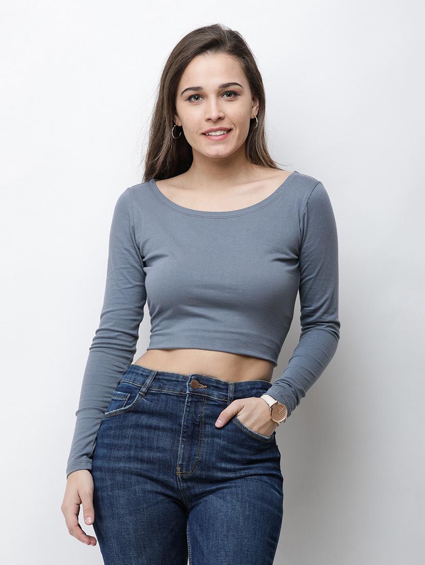 long sleeved solid crop top - 18347667 - Zoom Image - 0