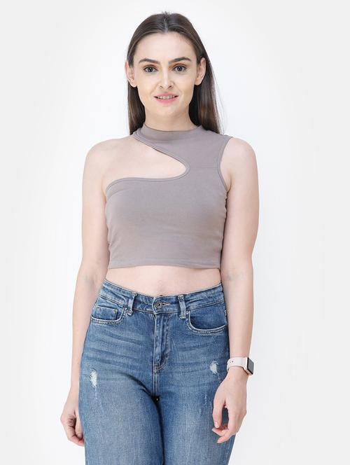 single shoulder solid crop top - 18347698 -  Standard Image - 0