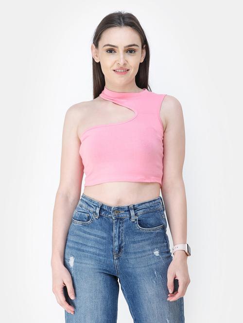 single shoulder solid crop top - 18347703 -  Standard Image - 0