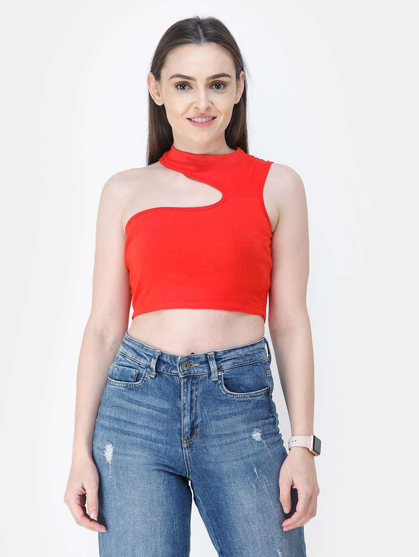 single shoulder solid crop top