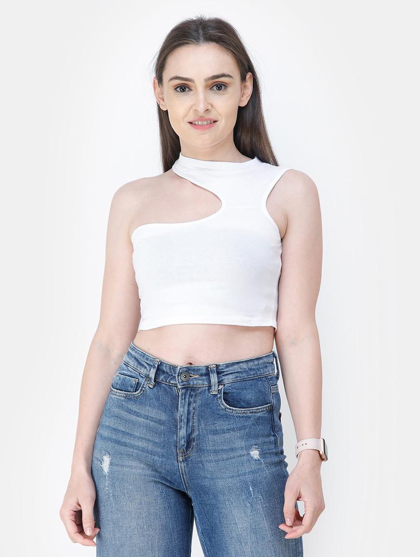 single shoulder solid crop top - 18347706 - Zoom Image - 0