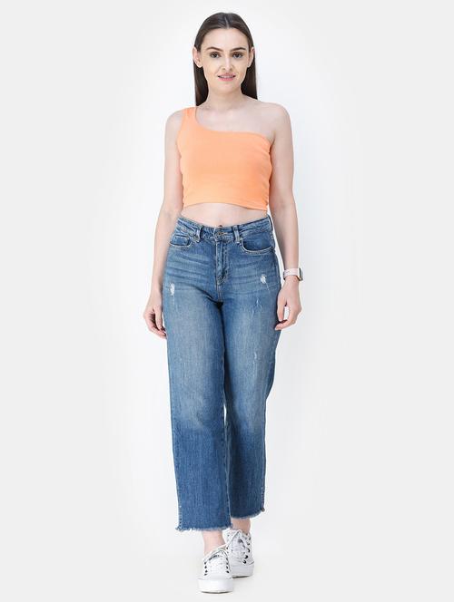 single shoulder solid crop top - 18347711 -  Standard Image - 0