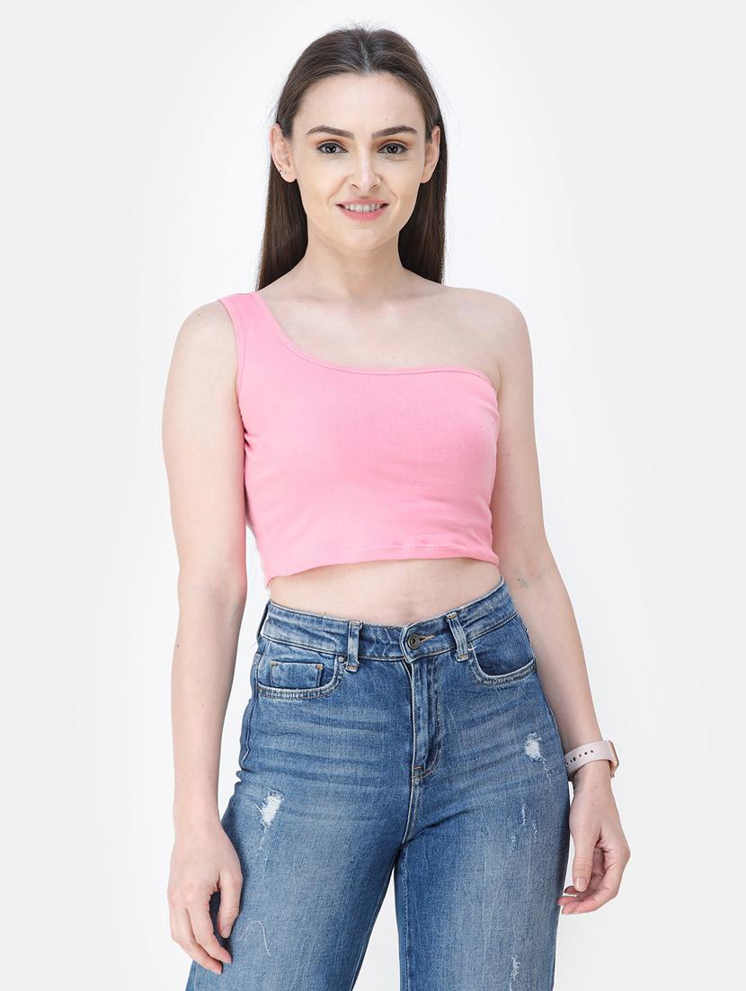 single shoulder solid crop top - 18347712 - Zoom Image - 0