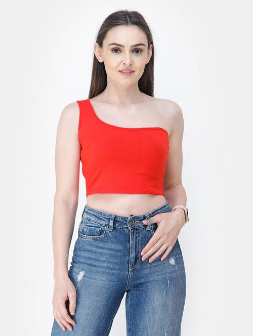 single shoulder solid crop top - 18347714 -  Standard Image - 0