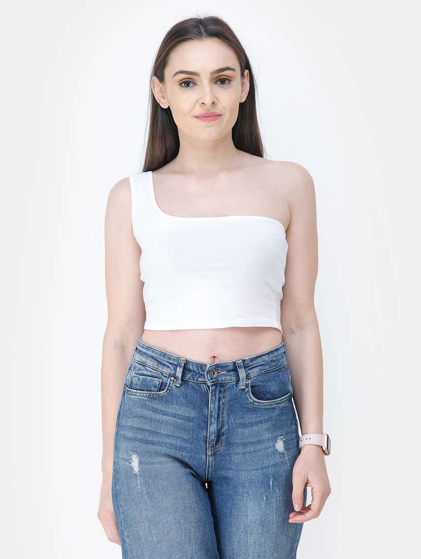 single shoulder solid crop top