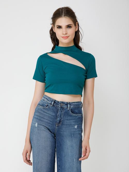 high neck solid crop top - 18347797 - Standard Image - 0