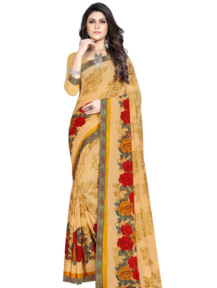 cream georgette printed saree with blouse