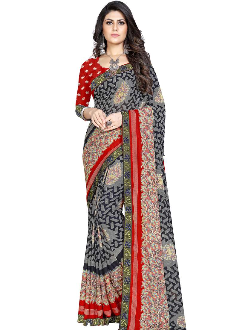 black georgette printed saree with blouse