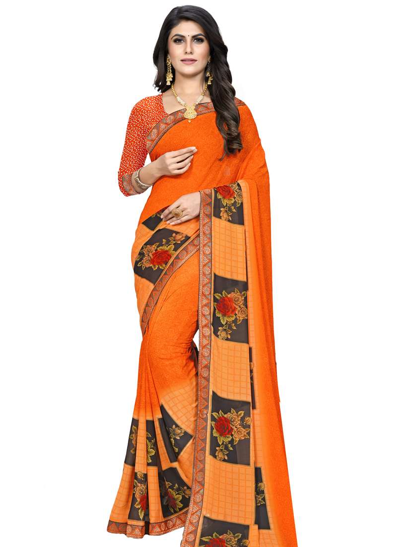 women's floral orange colored saree