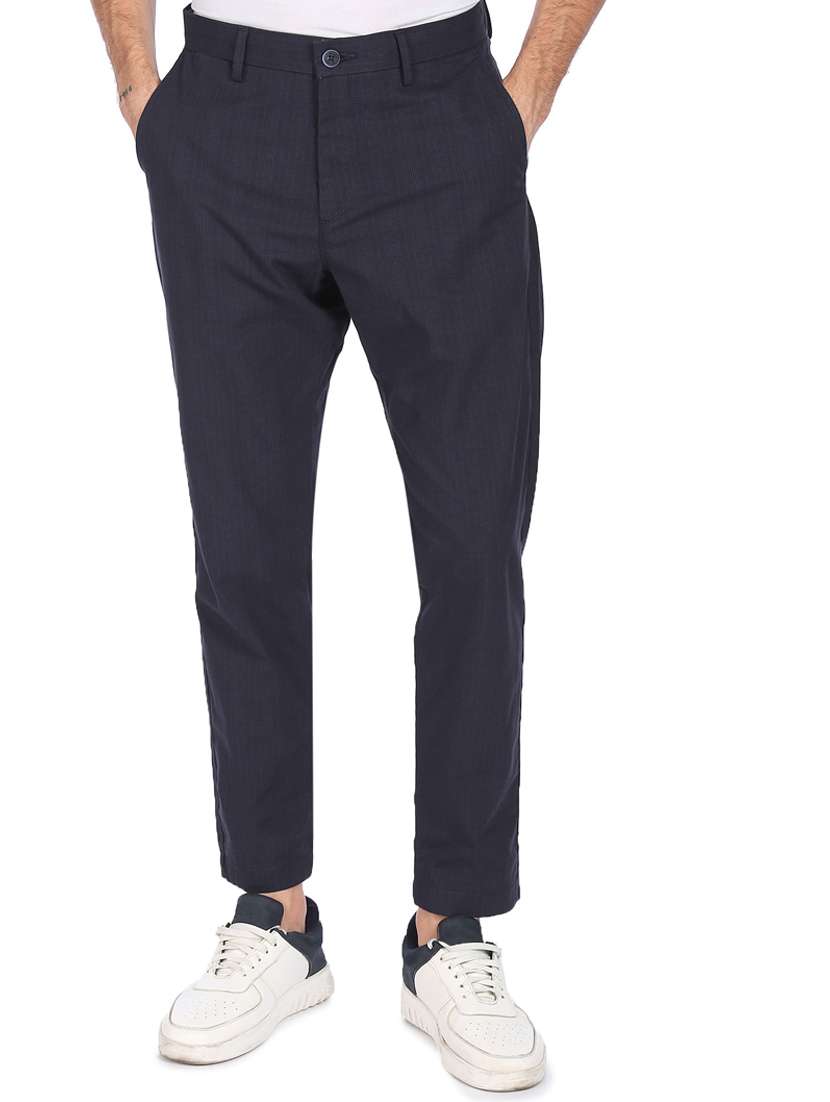 navy-blue checkered flat front trousers formal trouser