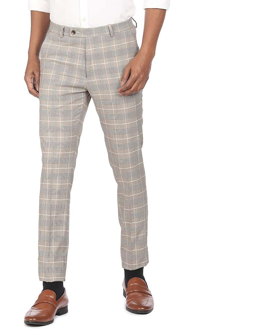 beige checkered flat front formal trouser