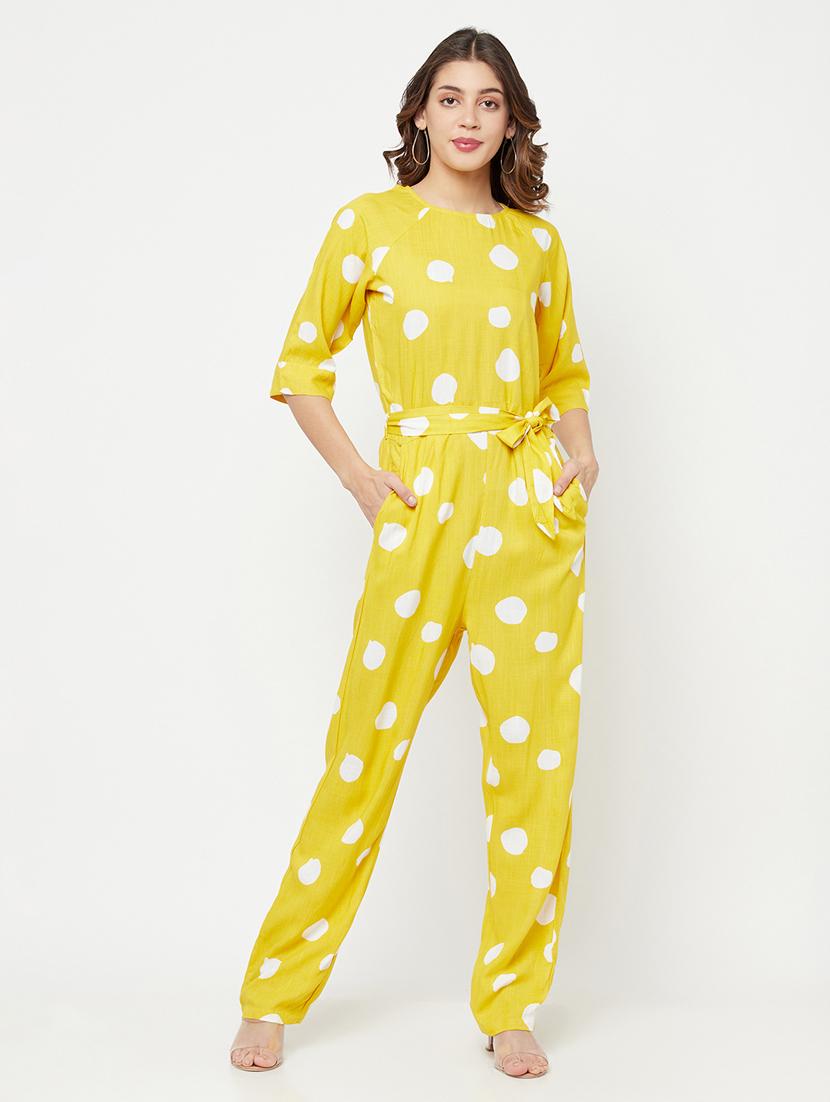 tie front polka dot full leg jumpsuit