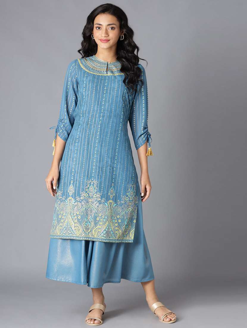 blue polyester layered kurta