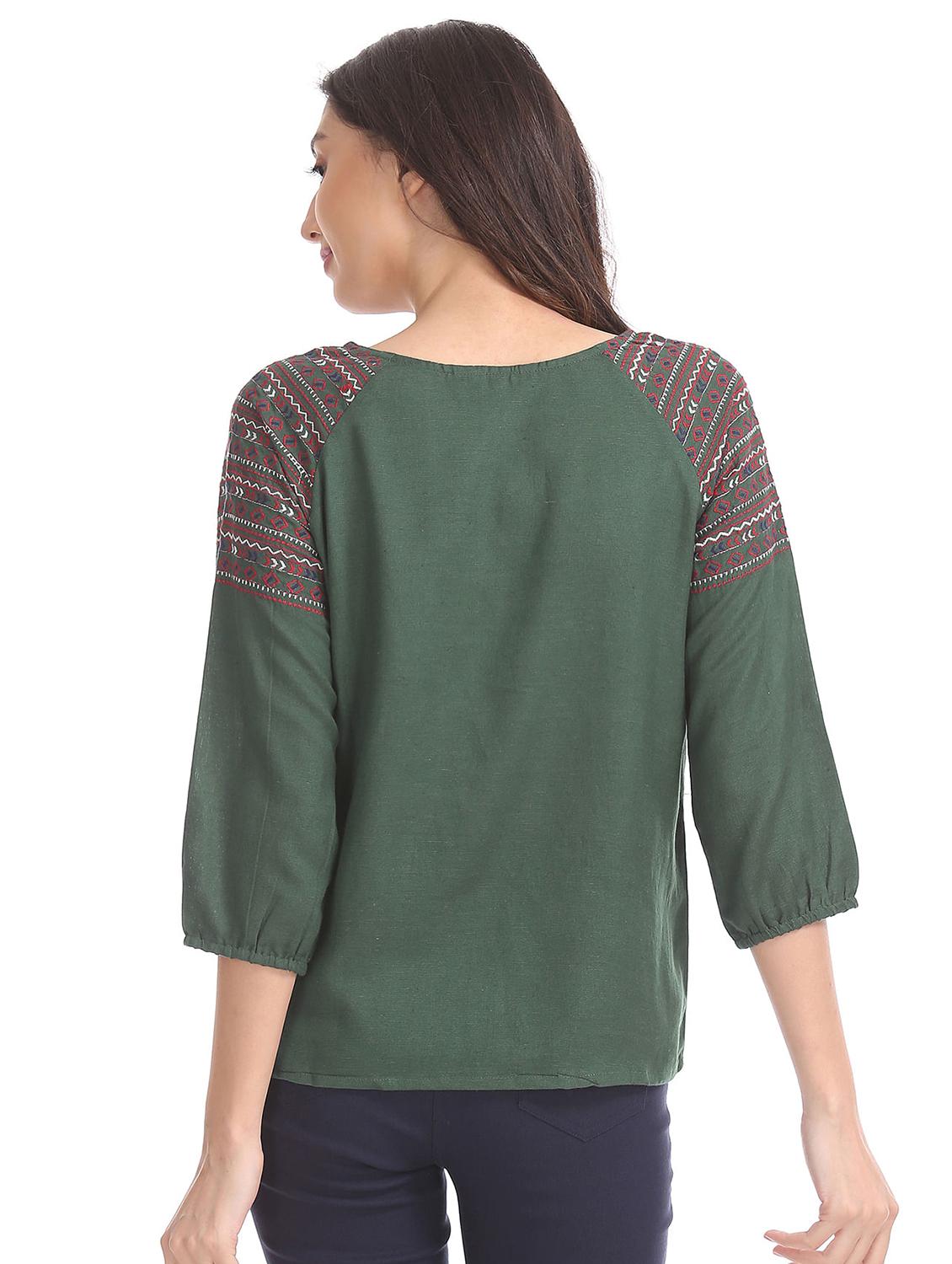 three quarter sleeved embroidered regular top - 18357391 - Standard Image - 2