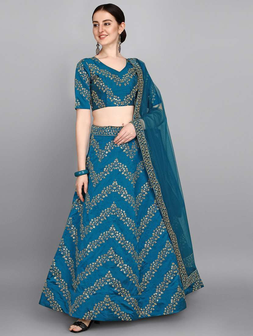 teal silk flared lehenga - 18358237 - Standard Image - 2