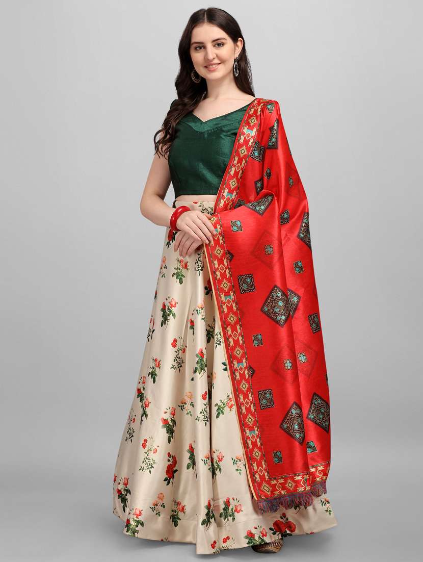 beige printed flared lehenga