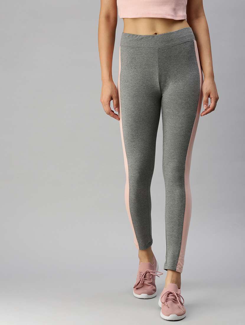 grey color block ankle length active wear tights
