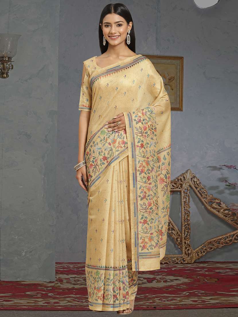 yellow chanderi printed saree with blouse
