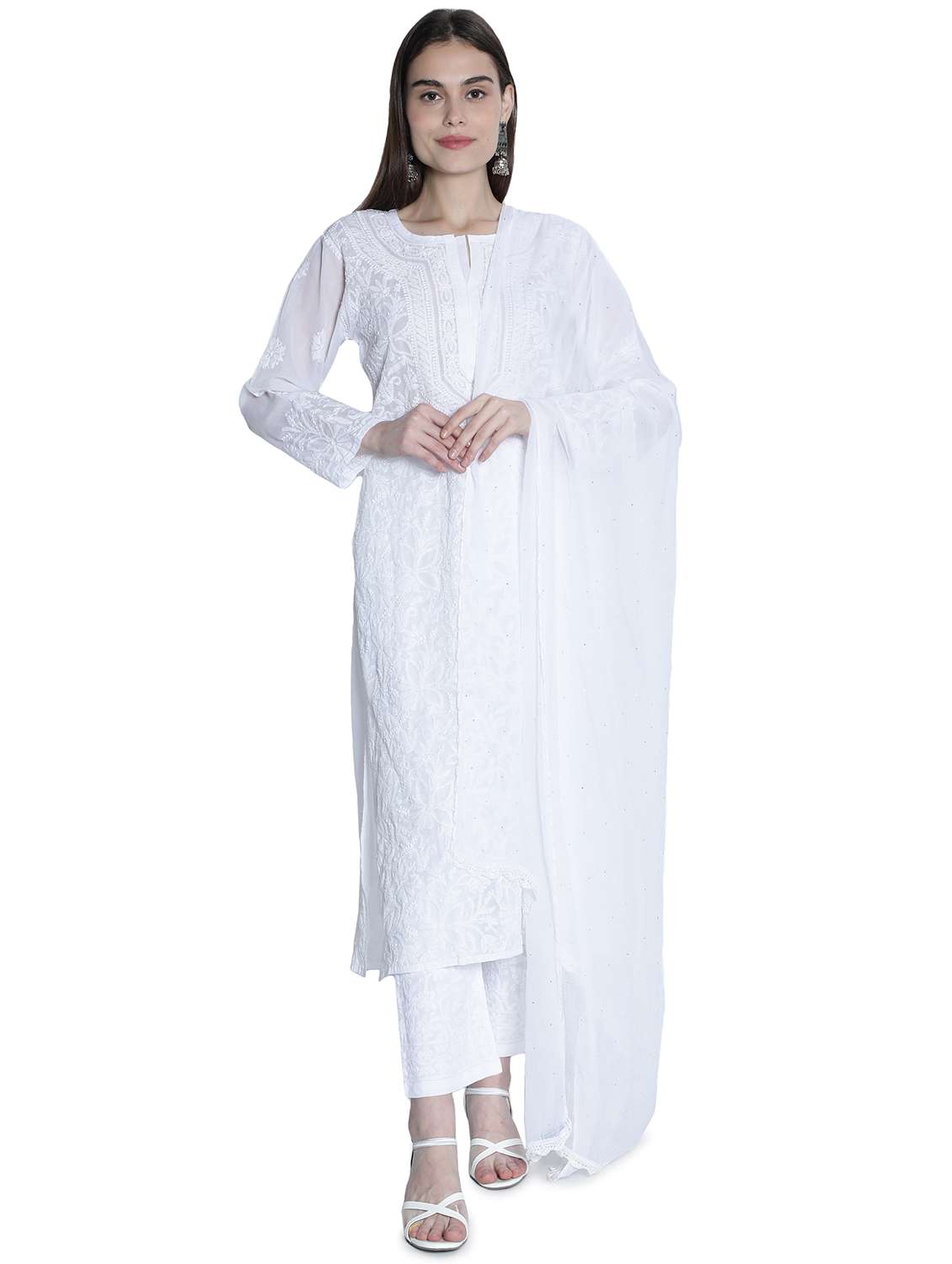 white chiffon dupatta with mukaish work