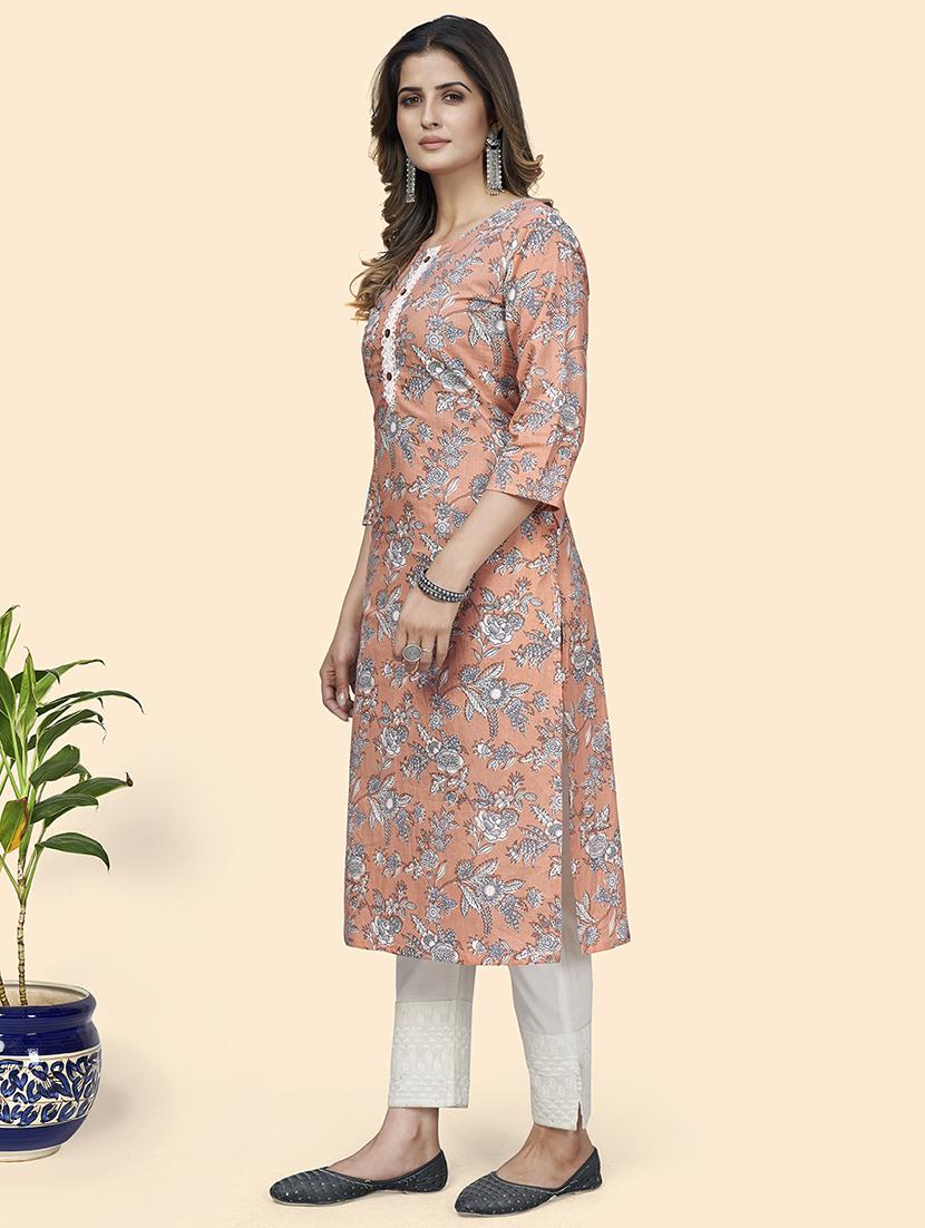peach printed straight kurta - 18365710 - Standard Image - 2