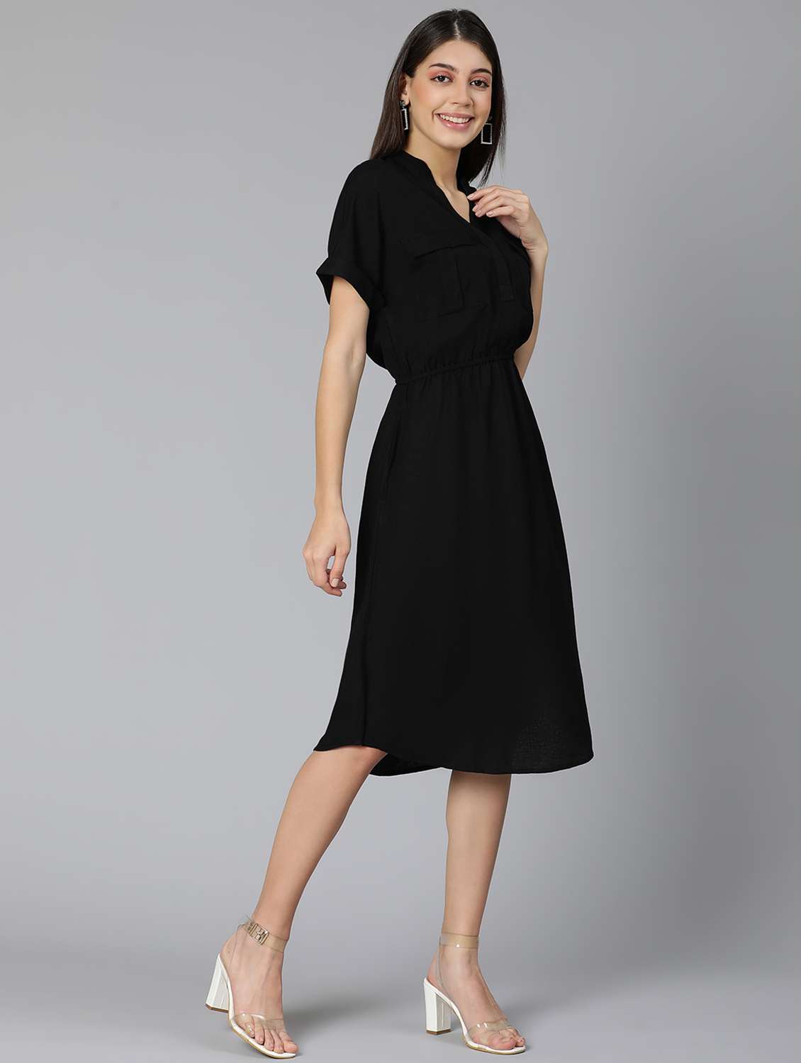 mandarin neck solid a-line dress - 18365736 -  Standard Image - 2