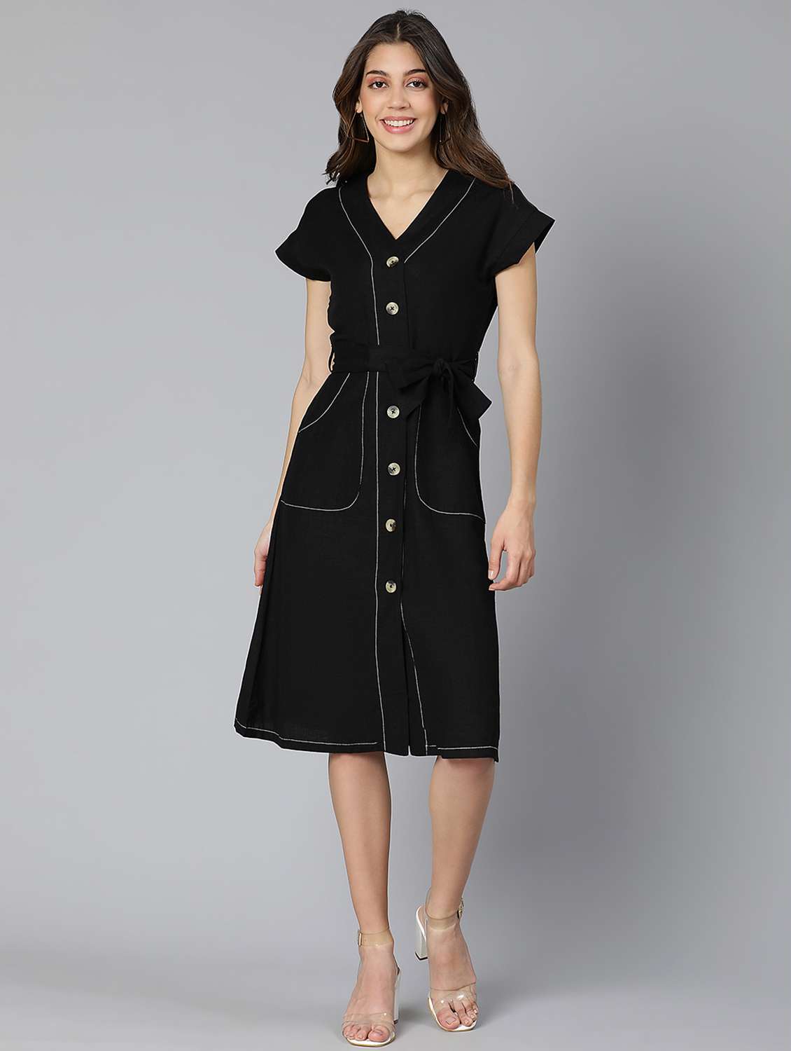 tie front solid a-line dress - 18365740 -  Zoom Image - 0