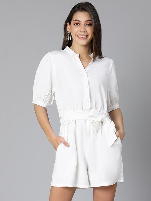 three quarter sleeved solid knee length jumpsuit - 18365748 - Standard Image - 0