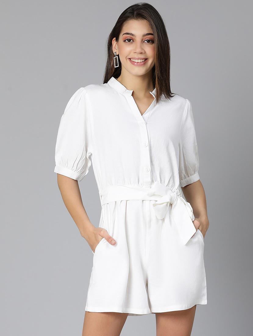 three quarter sleeved solid knee length jumpsuit - 18365748 - Zoom Image - 0