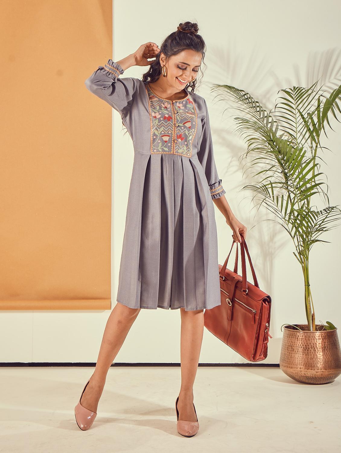 round neck embroidered a-line dress - 18366104 - Standard Image - 2