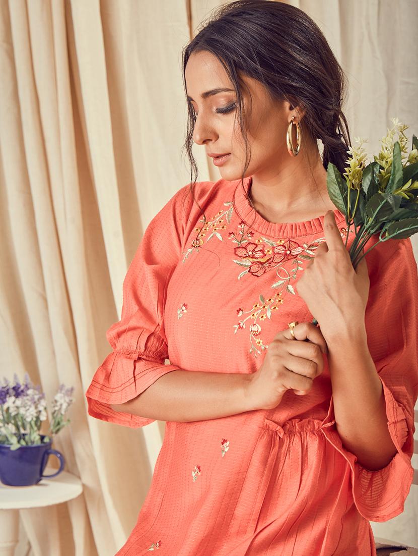 round neck embroidered a-line dress - 18366105 - Standard Image - 2