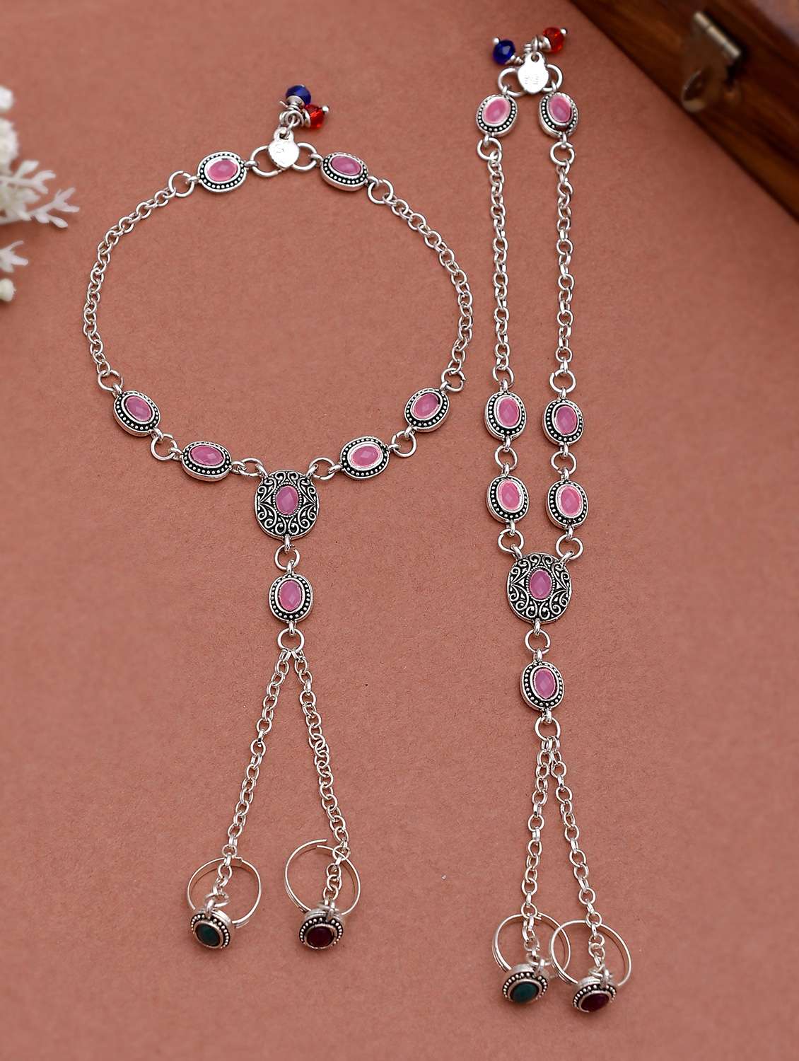 oxidized silver plated anklet with chained double toe ring
