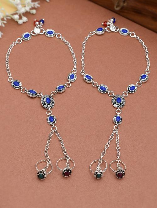 oxidized silver anklet with chained double toe ring - 18368963 - Standard Image - 0