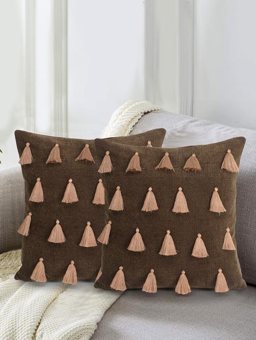 mezposh droplet brown cotton velvet solid self design tasselled cushion cover (16"x16") (set of 2) - 18369295 -  Standard Image - 0