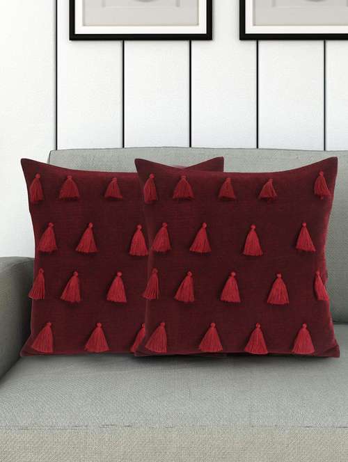 mezposh droplet wine cotton velvet solid self design tasselled cushion cover (16"x16") (set of 2) - 18369296 - Standard Image - 0