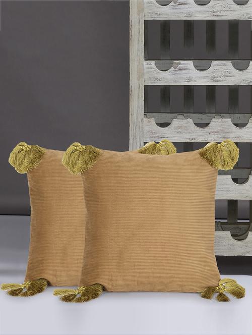 mezposh motley beige & green cotton corduroy striped tasselled cushion cover (16"x16") (set of 2) - 18369299 - Standard Image - 0