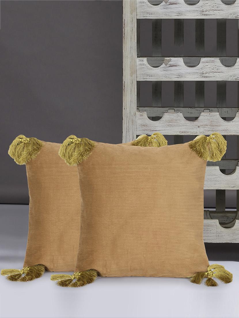 mezposh motley beige & green cotton corduroy striped tasselled cushion cover (16"x16") (set of 2) - 18369299 - Zoom Image - 0