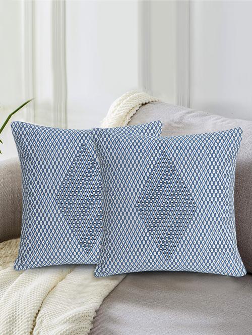 mezposh indigo blue & white polycotton jacquard embellished cushion cover (16"x16") (set of 2) - 18369322 - Standard Image - 0