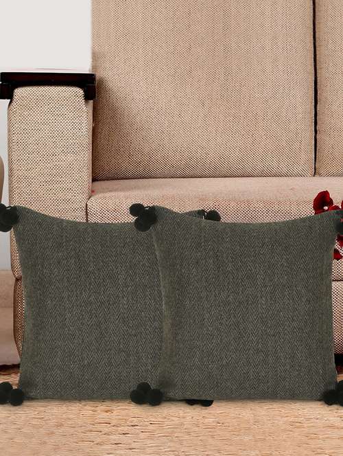 mezposh motley grey wool solid self design pompom cushion cover (16"x16") (set of 2) - 18369331 - Standard Image - 0