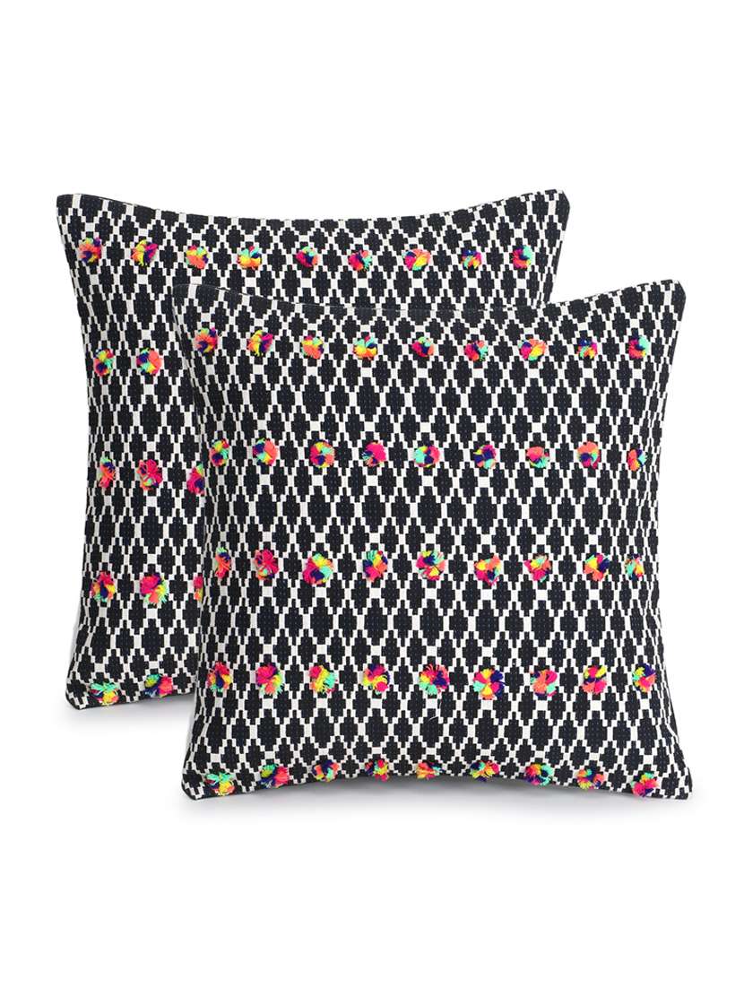 mezposh acoustic black, white & multi cotton jacquard quirky pompom cushion cover (16"x16") (set of 2) - 18369334 - Zoom Image - 0