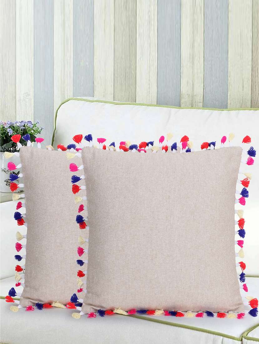 mezposh rustic natural & multi cotton canvas solid self design tasselled cushion cover (16"x16") (set of 2) - 18369338 - Zoom Image - 0