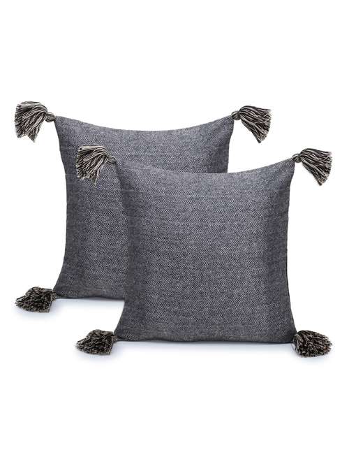 mezposh motley grey & black wool self design tasselled cushion cover (16"x16") (set of 2)